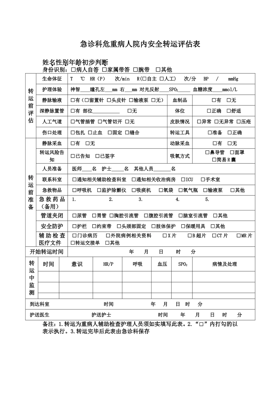 急诊科危重病人院内安全转运评估表.doc_第1页