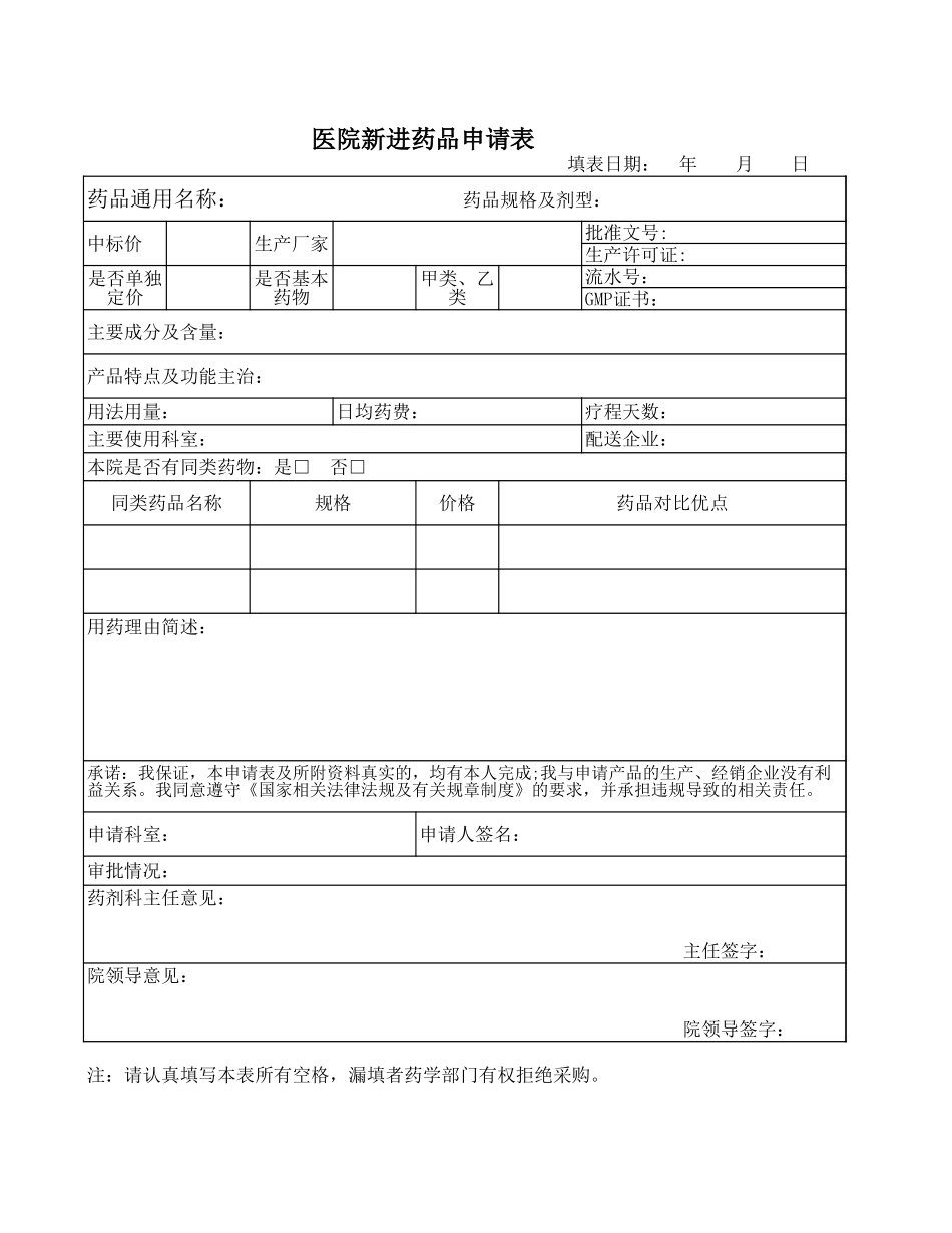 医院新进药品申请表.xls_第1页