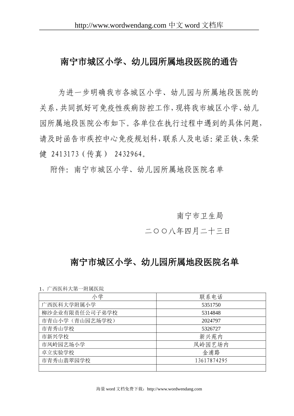 南宁市城区小学、幼儿园所属地段医院的通告..doc_第1页
