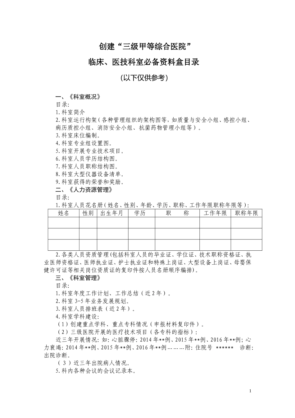 三甲医院评审科室二十四个档案目录(发科室)汇总.doc_第1页