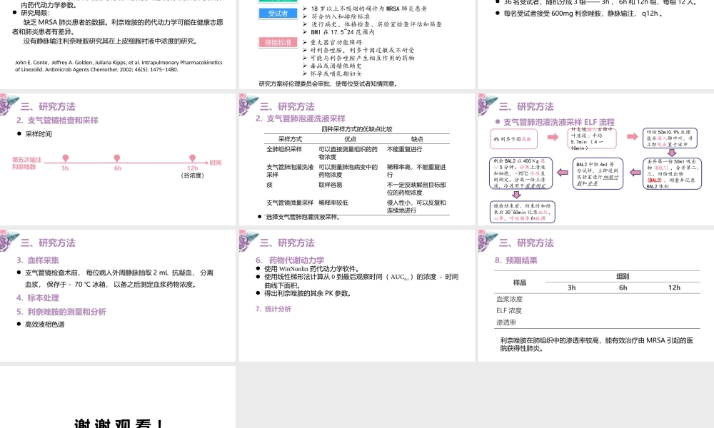 利奈唑胺在肺炎患者中的血药稳态浓度和肺组织中的浓度比较.pptx