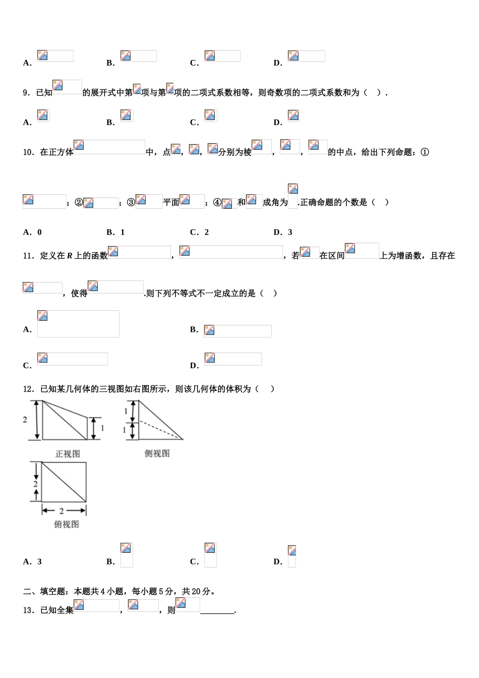 2023届吉林省白山市长白实验中学高三第三次测评数学试卷（含解析）.doc_第3页
