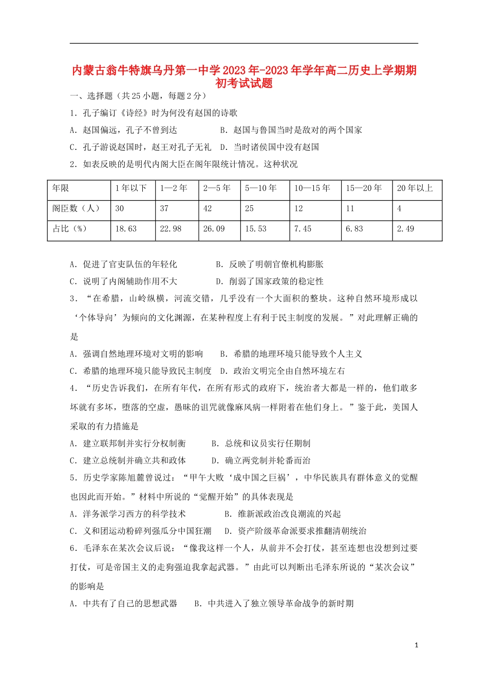 内蒙古翁牛特旗乌丹第一中学2023学年高二历史上学期期初考试试题.doc_第1页