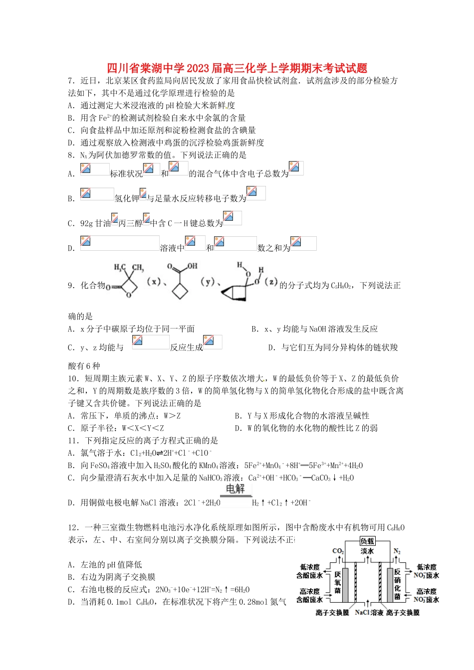 四川省棠湖中学2023届高三化学上学期期末考试试题.doc_第1页