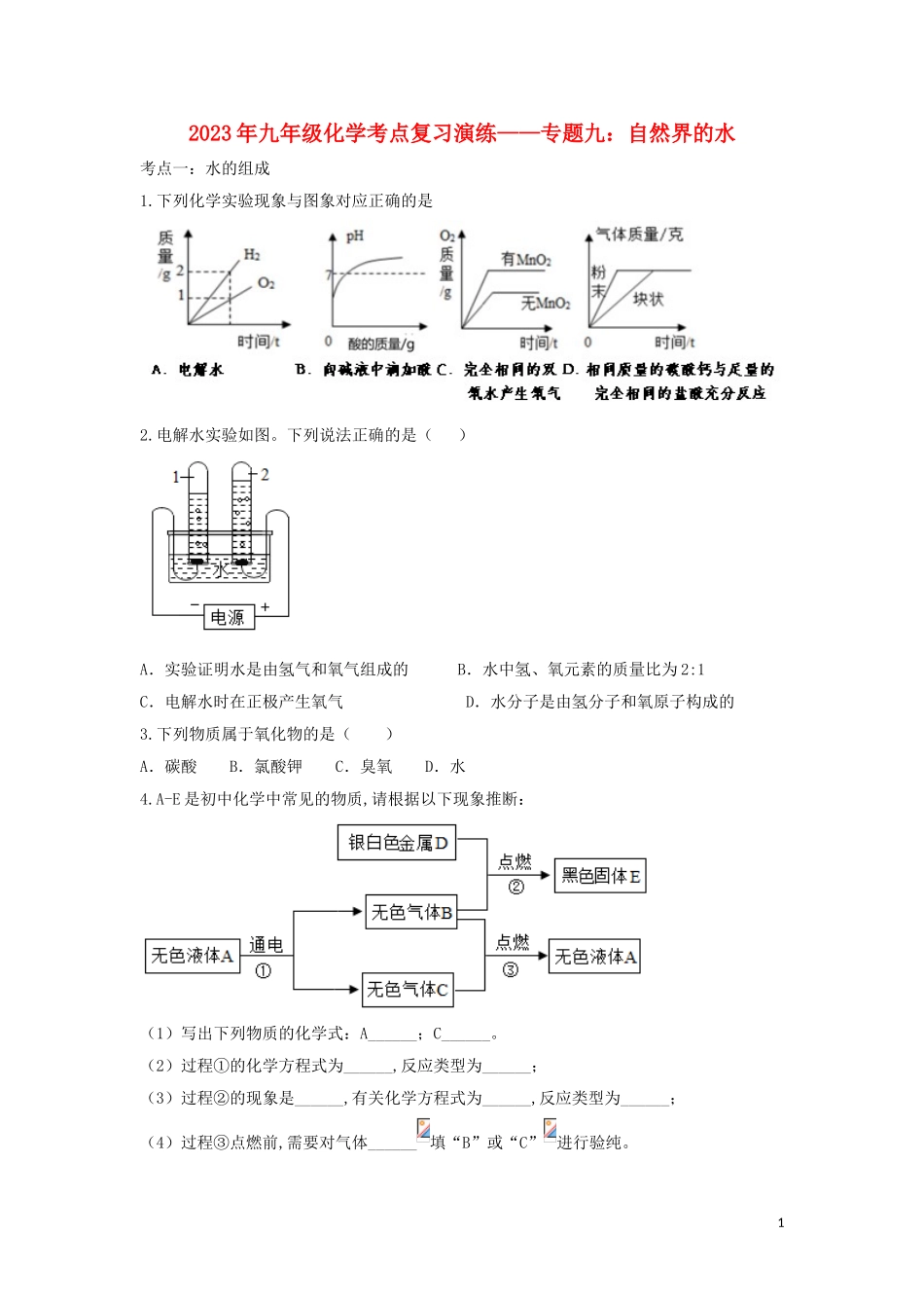 2023学年九年级化学考点复习演练专题九自然界的水试题.doc_第1页