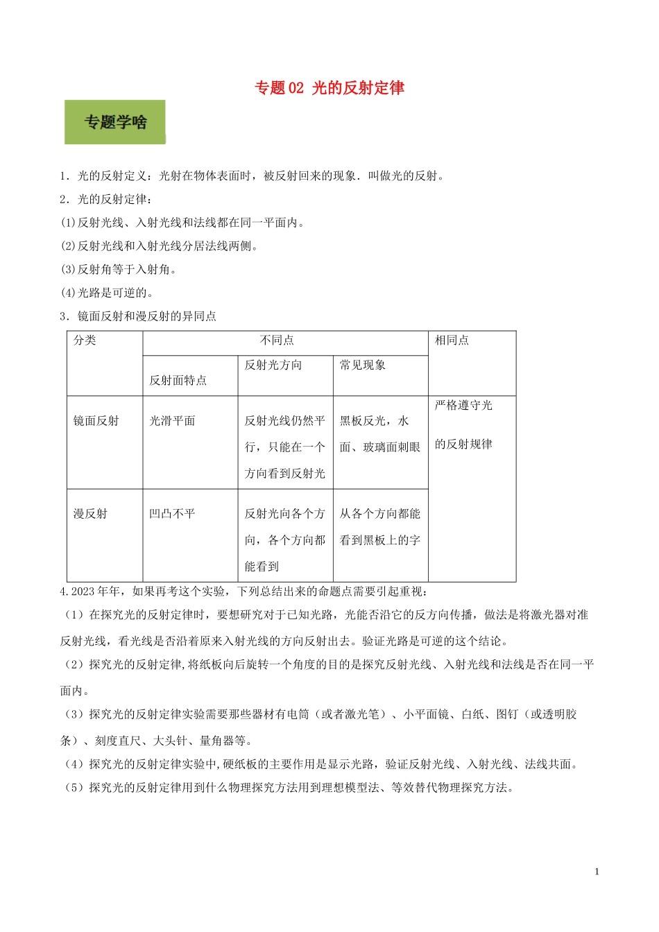 2023学年中考物理学考练重要规律专题02光的反射定律试题.doc_第1页