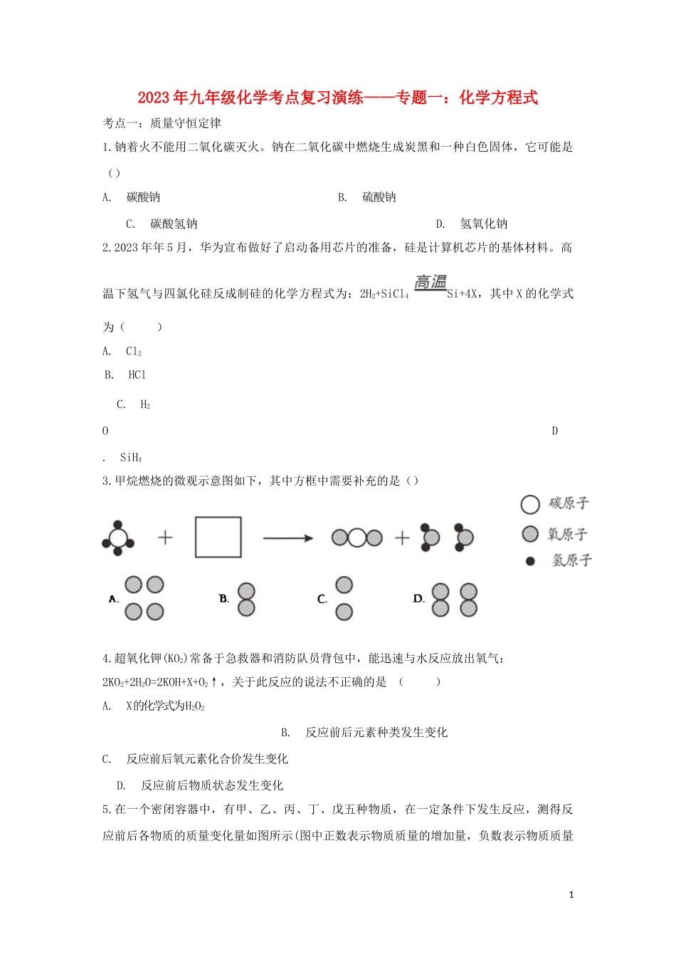 2023学年九年级化学考点复习演练专题一化学方程式试题.doc_第1页