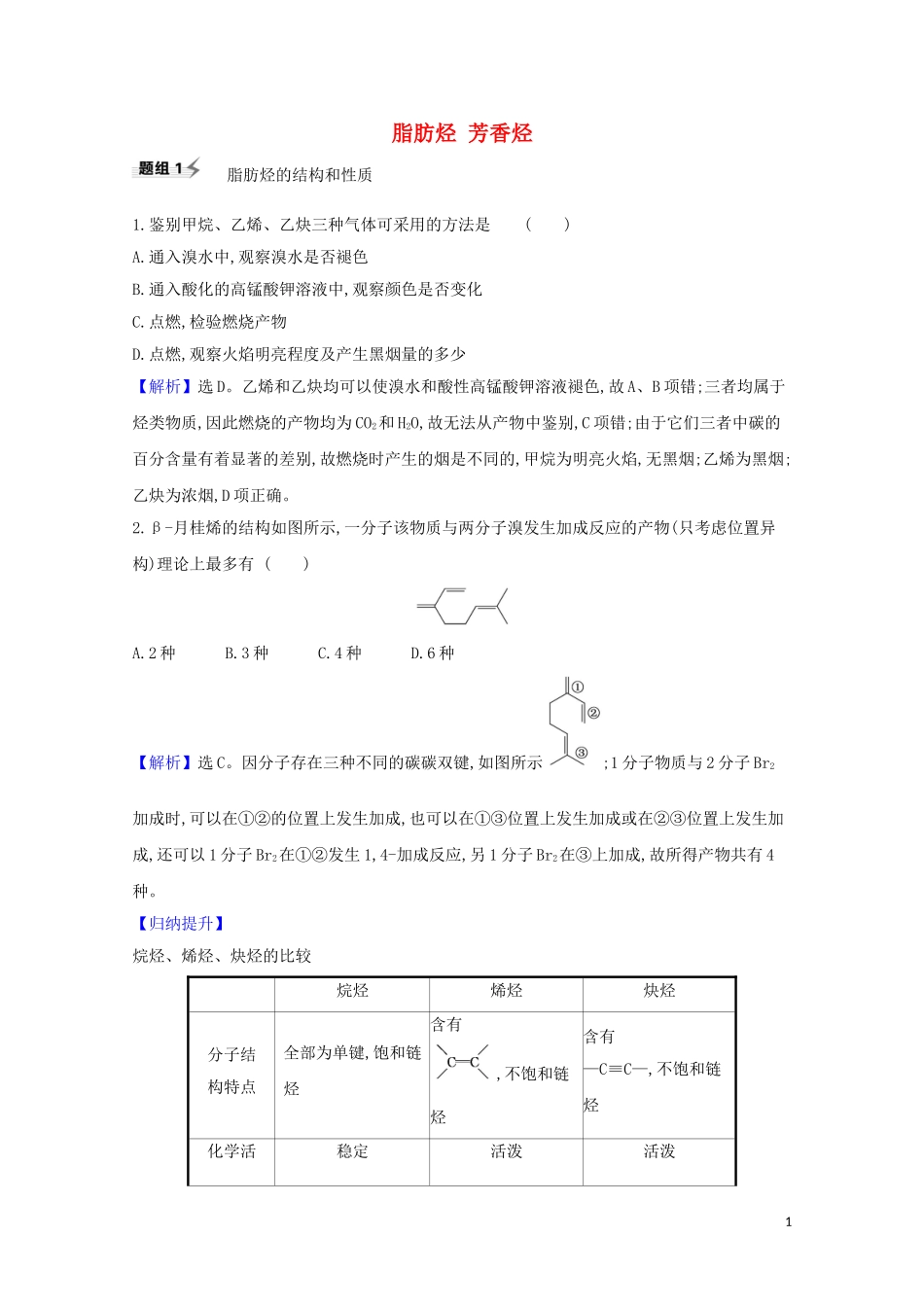 2023学年高考化学一轮复习9.2脂肪烃芳香烃题组训练过关1含解析苏教版.doc_第1页