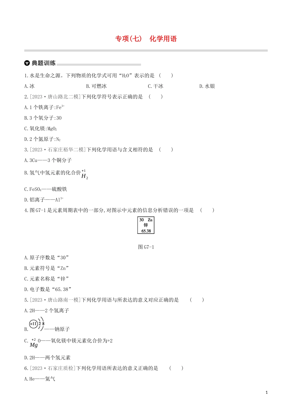 河北专版2023学年中考化学复习方案专项07化学用语试题.docx_第1页