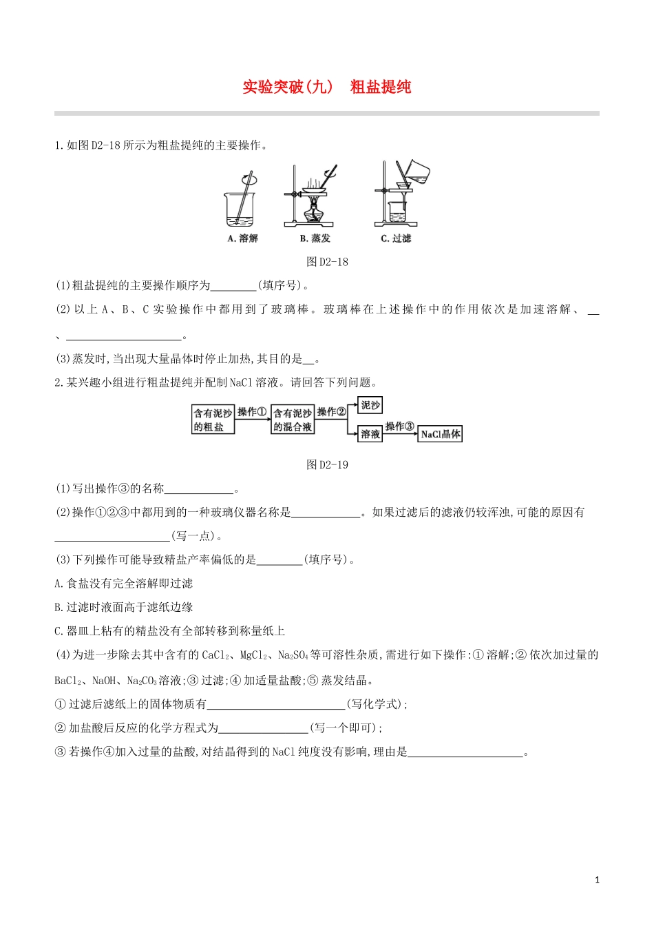 福建专版2023学年中考化学复习方案实验突破09粗盐提纯试题.docx_第1页
