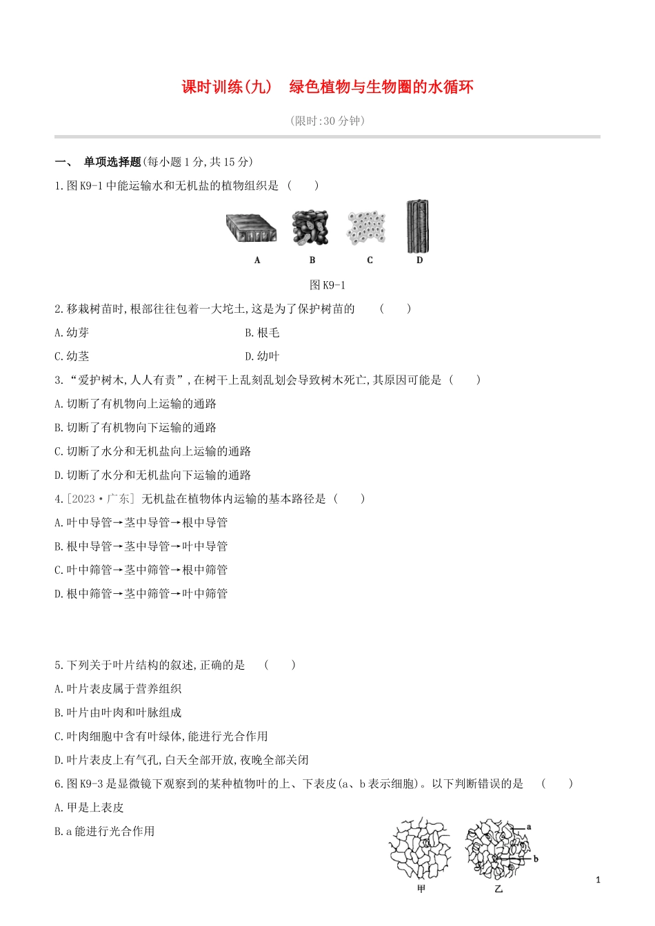 江西专版2023学年中考生物复习方案第二单元生物圈中的绿色植物课时训练09绿色植物与生物圈的水循环试题.docx_第1页