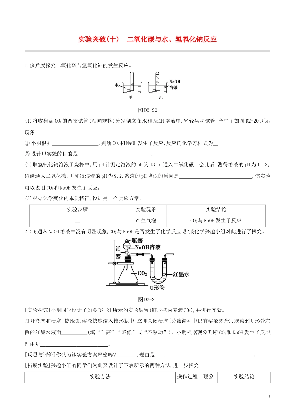 福建专版2023学年中考化学复习方案实验突破10二氧化碳与水氢氧化钠反应试题.docx_第1页