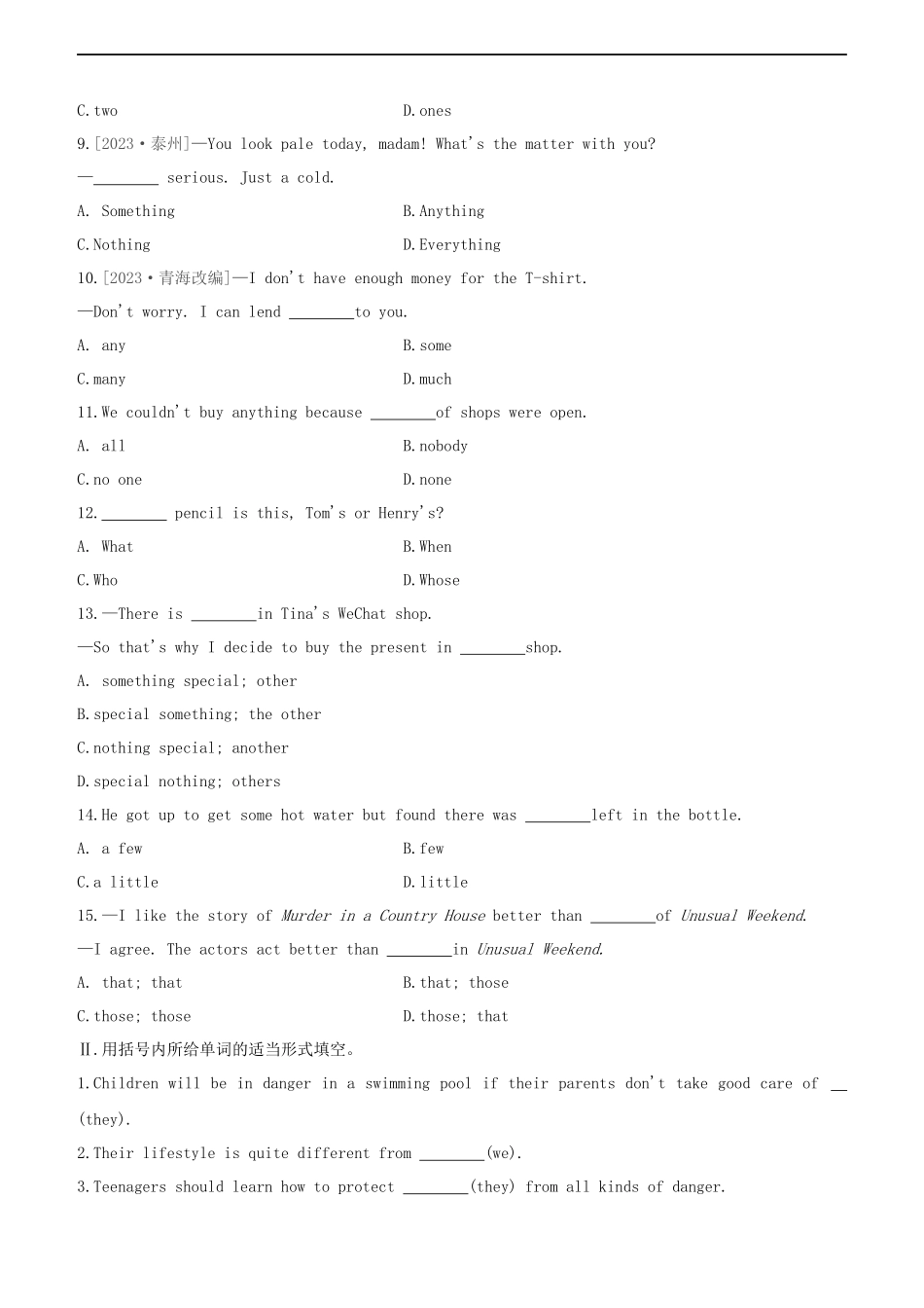 连云港专版2023学年中考英语复习方案第二篇语法专题突破语法专题训练04代词试题.docx_第2页