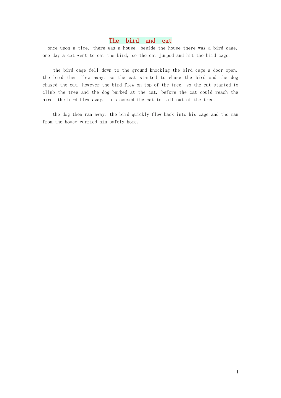 2023学年三年级英语作文Thebirdandcat.doc_第1页