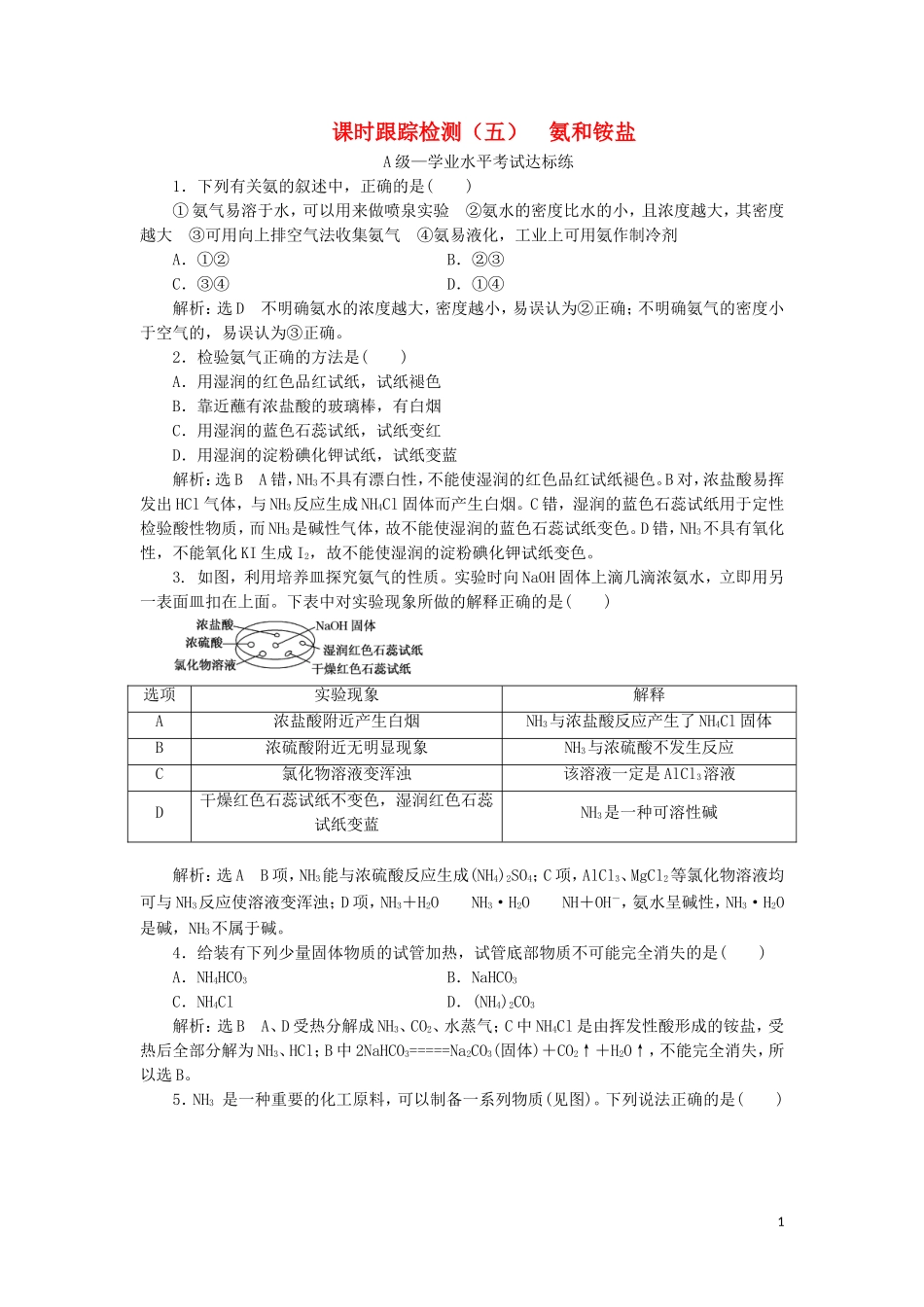 2023学年新教材高中化学课时跟踪检测五氨和铵盐（人教版）必修第二册.doc_第1页