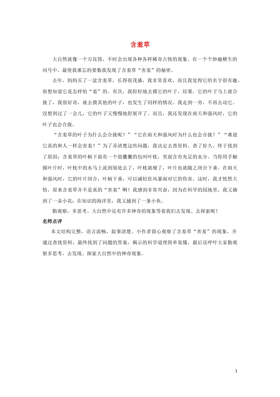 2023学年三年级语文下册第一单元习作我的植物朋友范文：含羞草素材（人教版）.docx_第1页