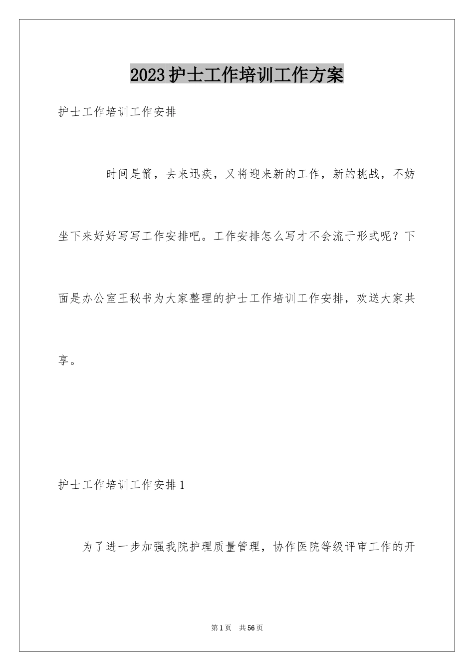 2023护士工作培训工作计划范文.docx_第1页