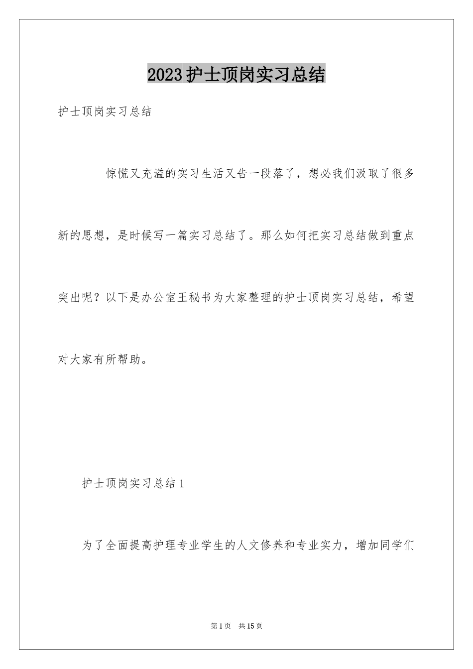 2023护士顶岗实习总结范文.docx_第1页