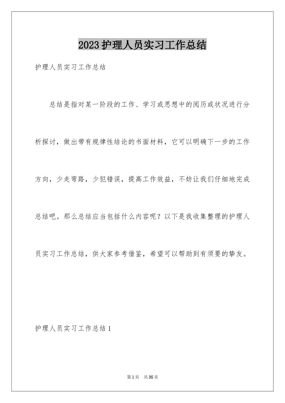2023护理人员实习工作总结范文.docx_第1页