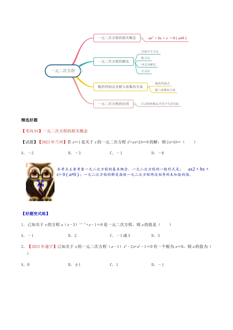 2023学年中考数学一轮复习一元二次方程及根的判别式考点讲义及练习含解析.docx_第2页