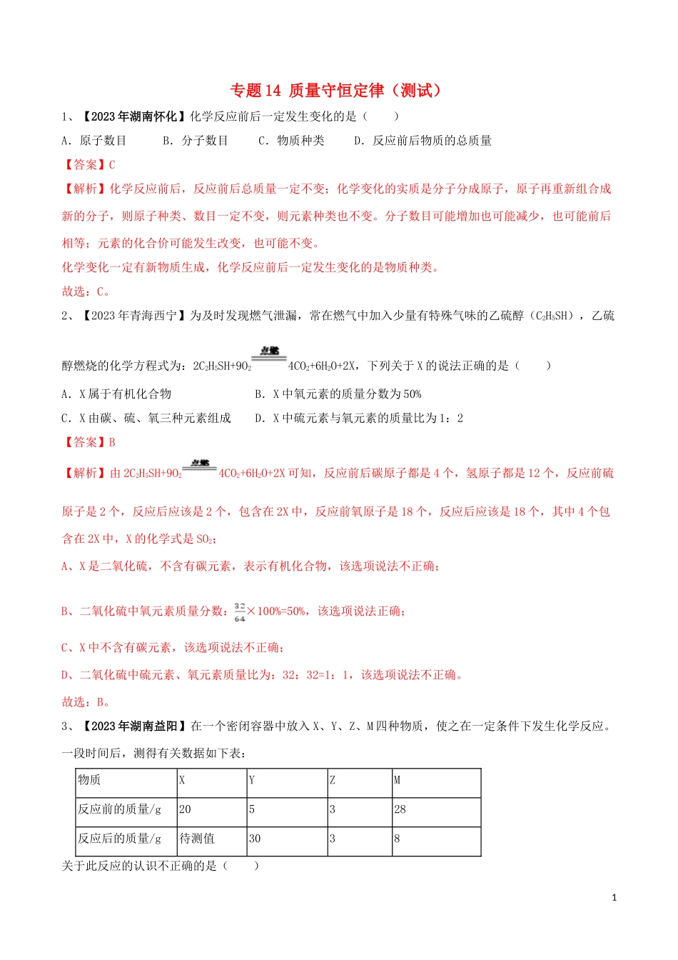 2023学年中考化学一轮复习讲练测专题十四质量守恒定律测试含解析（人教版）.doc_第1页