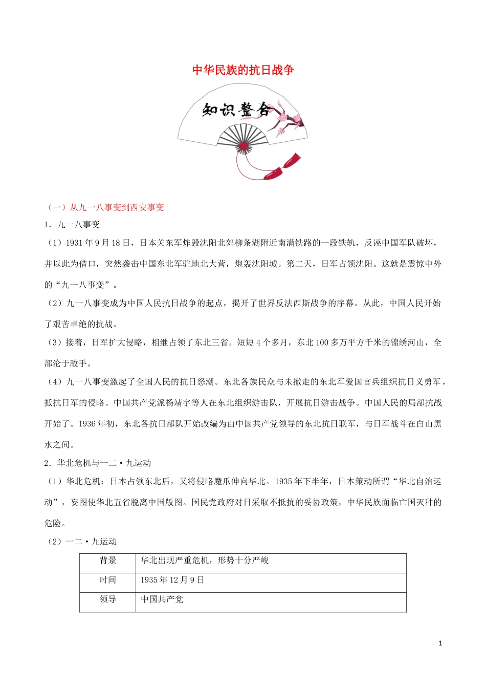 2023学年中考历史中国近代史考点10中华民族的抗日战争含解析.doc_第1页