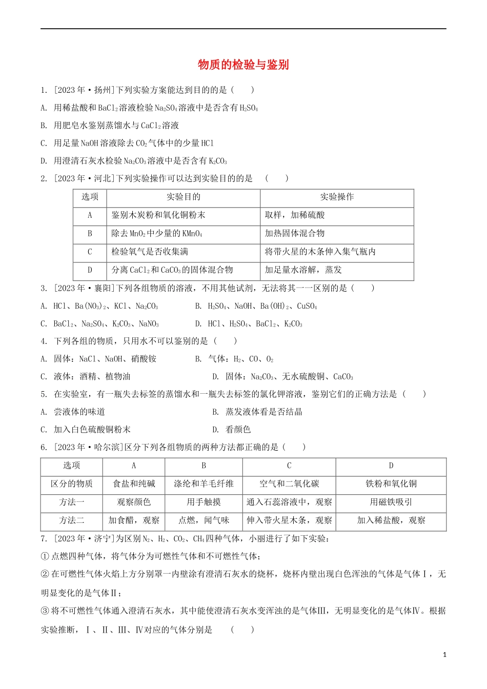 2023学年中考化学一轮复习物质的检验与鉴别专题强化练习卷含解析.docx_第1页