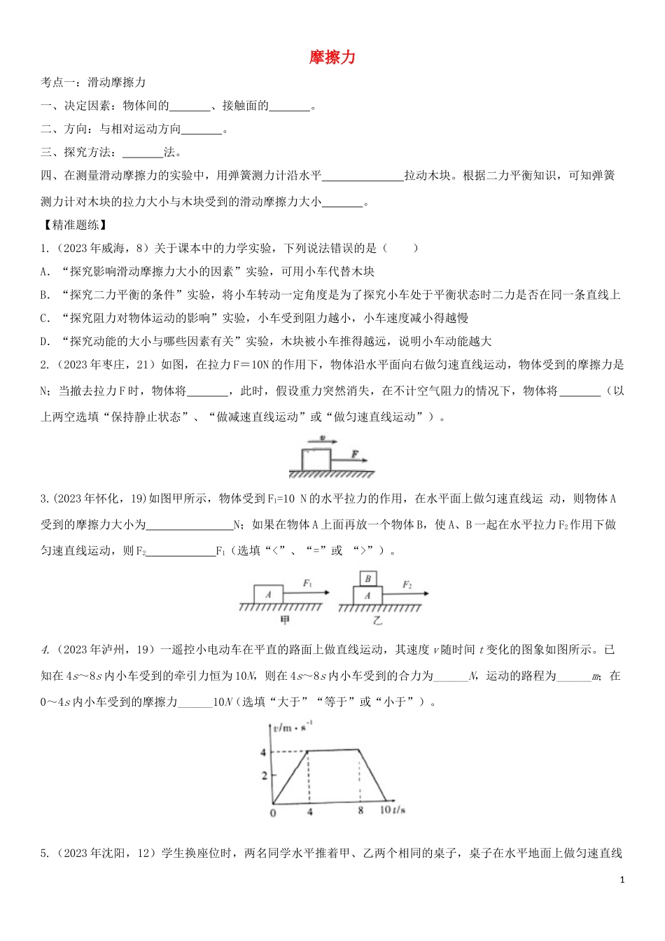 2023学年中考物理知识点强化练习卷二摩擦力含解析新版（人教版）.doc_第1页