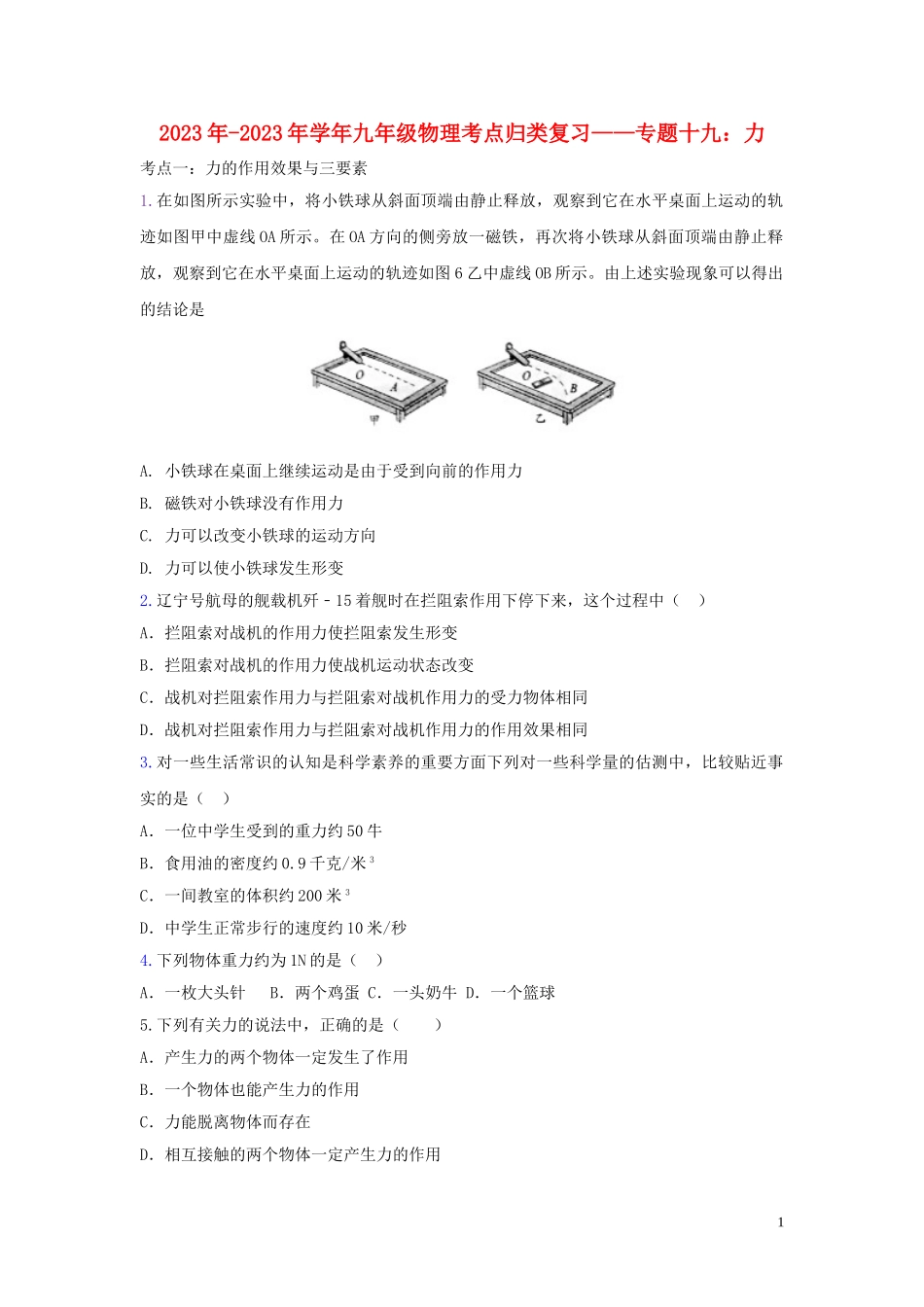 2023学年中考物理考点归类复习专题十九力练习含解析.doc_第1页