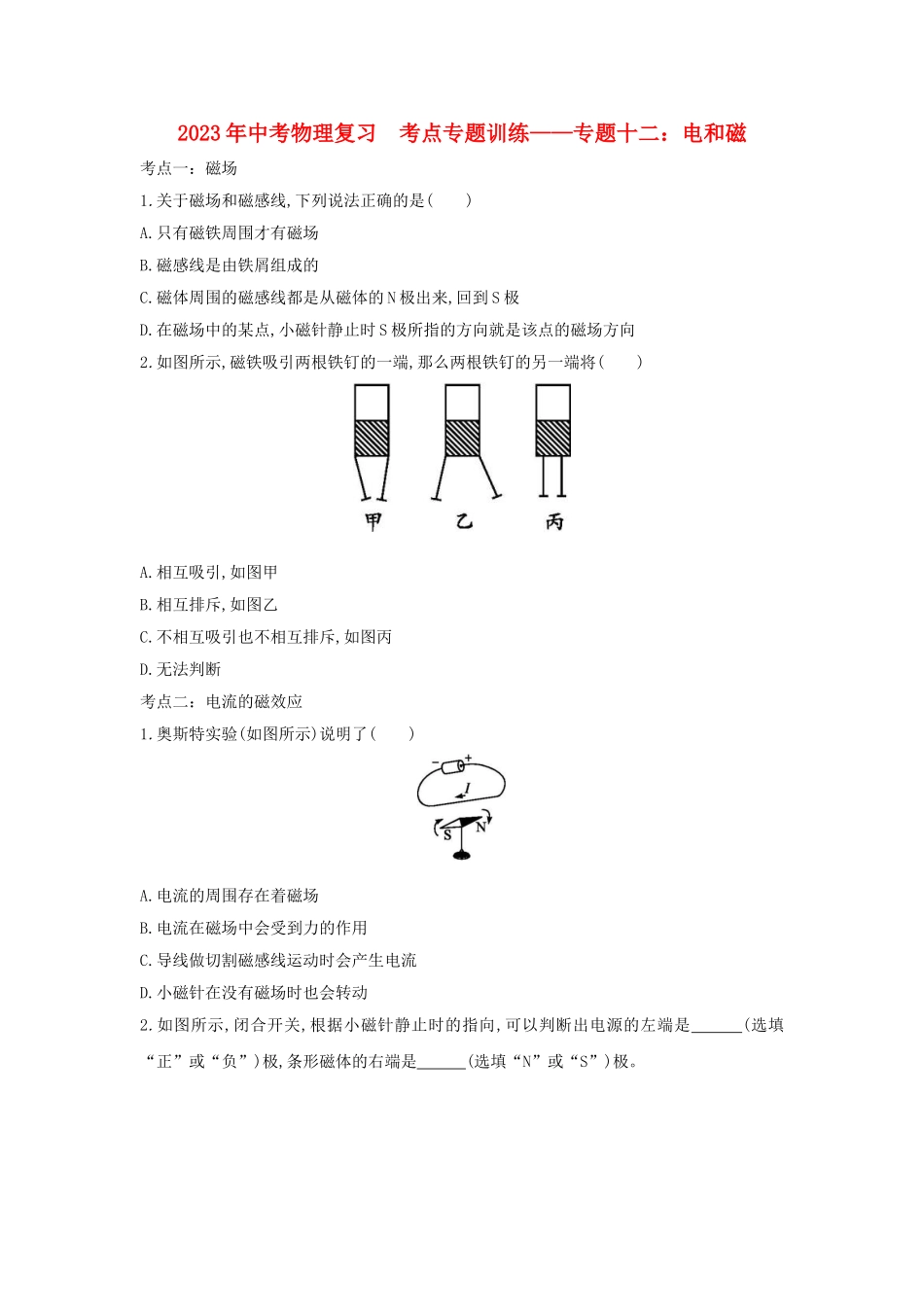 2023学年中考物理复习考点专题训练_专题十二电和磁含解析.doc_第1页