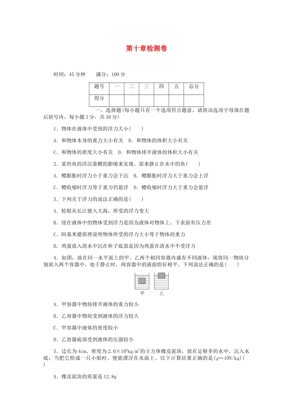 2023学年八年级物理下册第10章浮力测试卷含解析新版（人教版）.docx_第1页