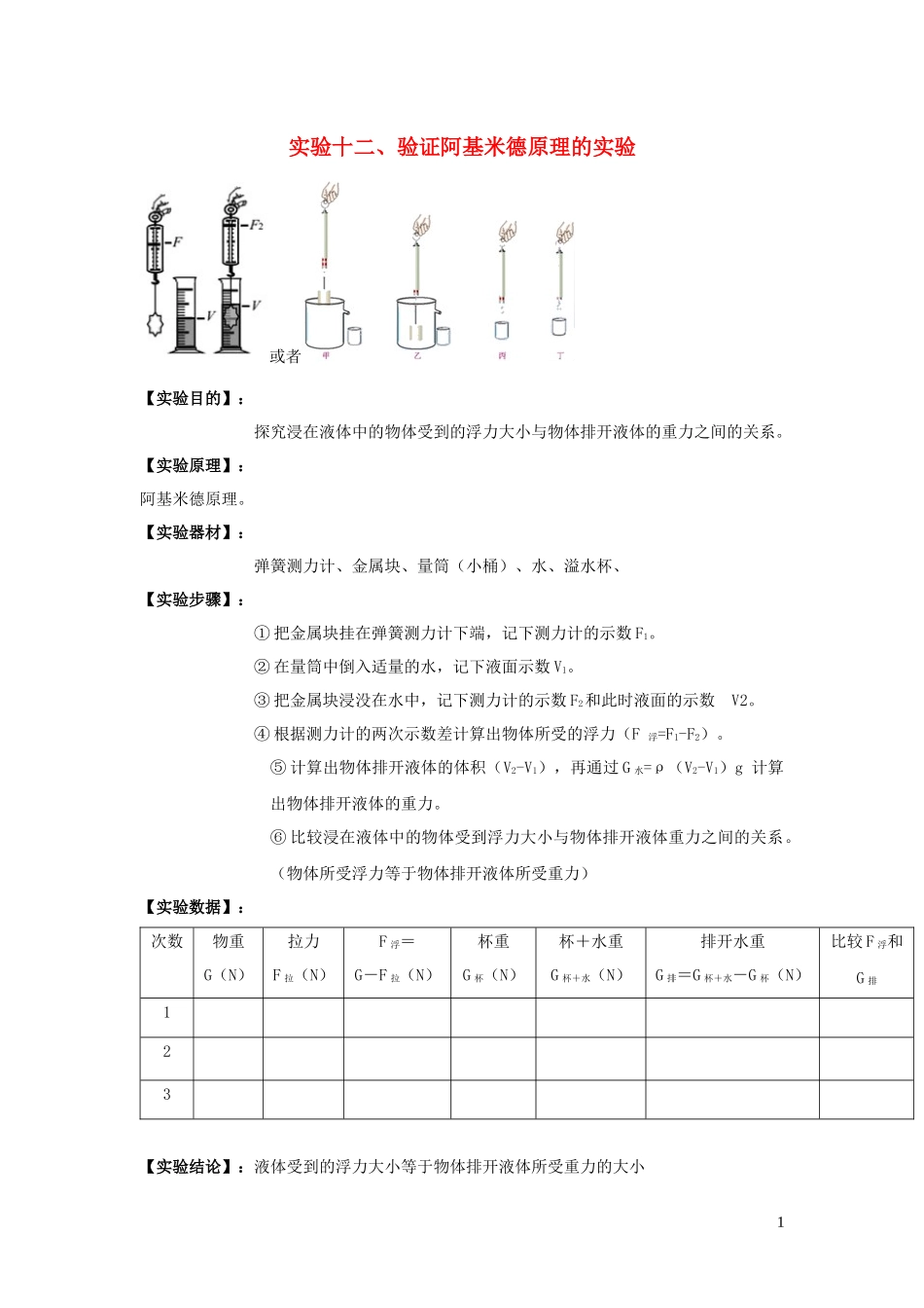 2023学年中考物理必考25个实验考学练实验12验证阿基米德原理实验含解析.docx_第1页