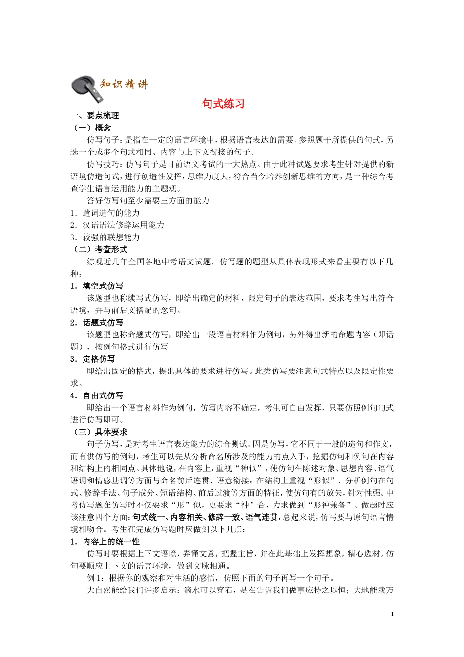 2023学年初中语文基础知识点专题讲练句式练习含解析.doc_第1页