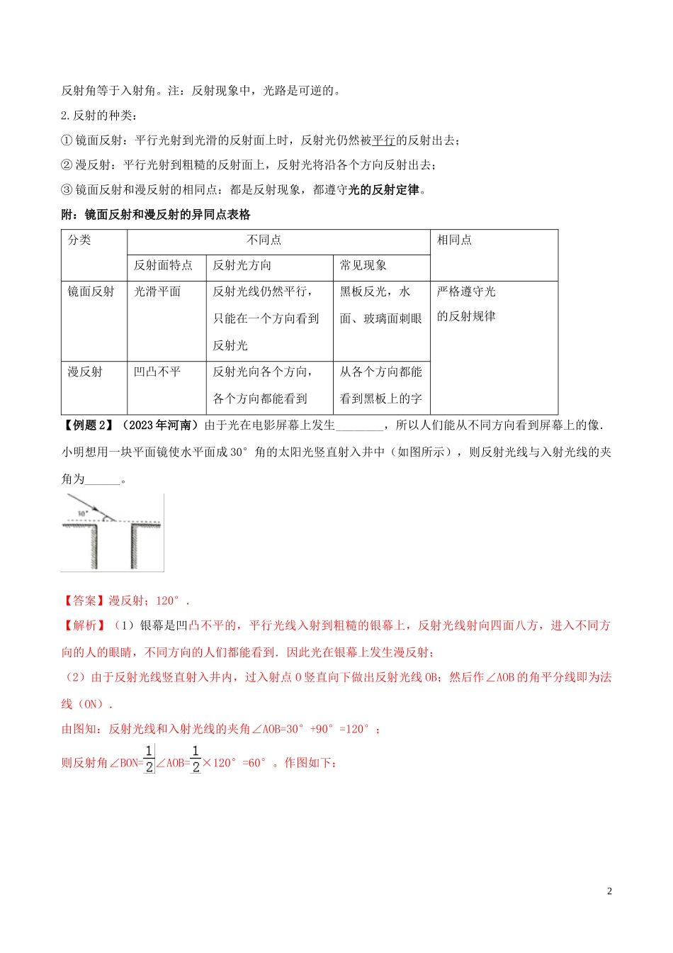 2023学年八年级物理上册第四章光现象4.2光的反射精讲精练含解析新版（人教版）.docx_第2页