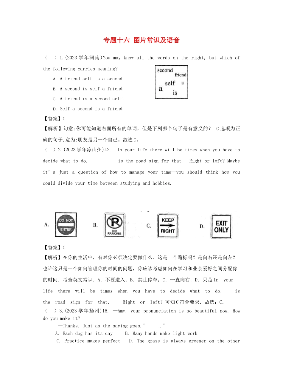 2023中考英语真题分类汇编专题十六图片常识及语音含解析.doc_第1页