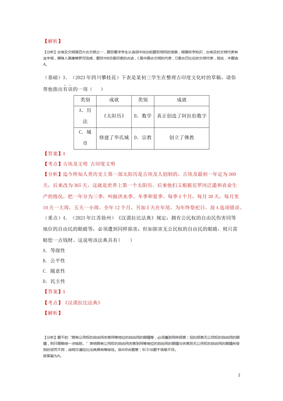 2023学年中考历史总复习考点必杀800题专练04世界古代史80题含解析（人教版）.docx_第2页