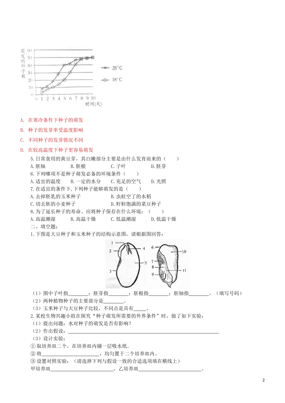 2023学年七年级生物上册第3单元生物圈中的绿色植物第5章绿色植物的一生5.1植物种子的萌发同步练习含解析苏教版.doc_第2页