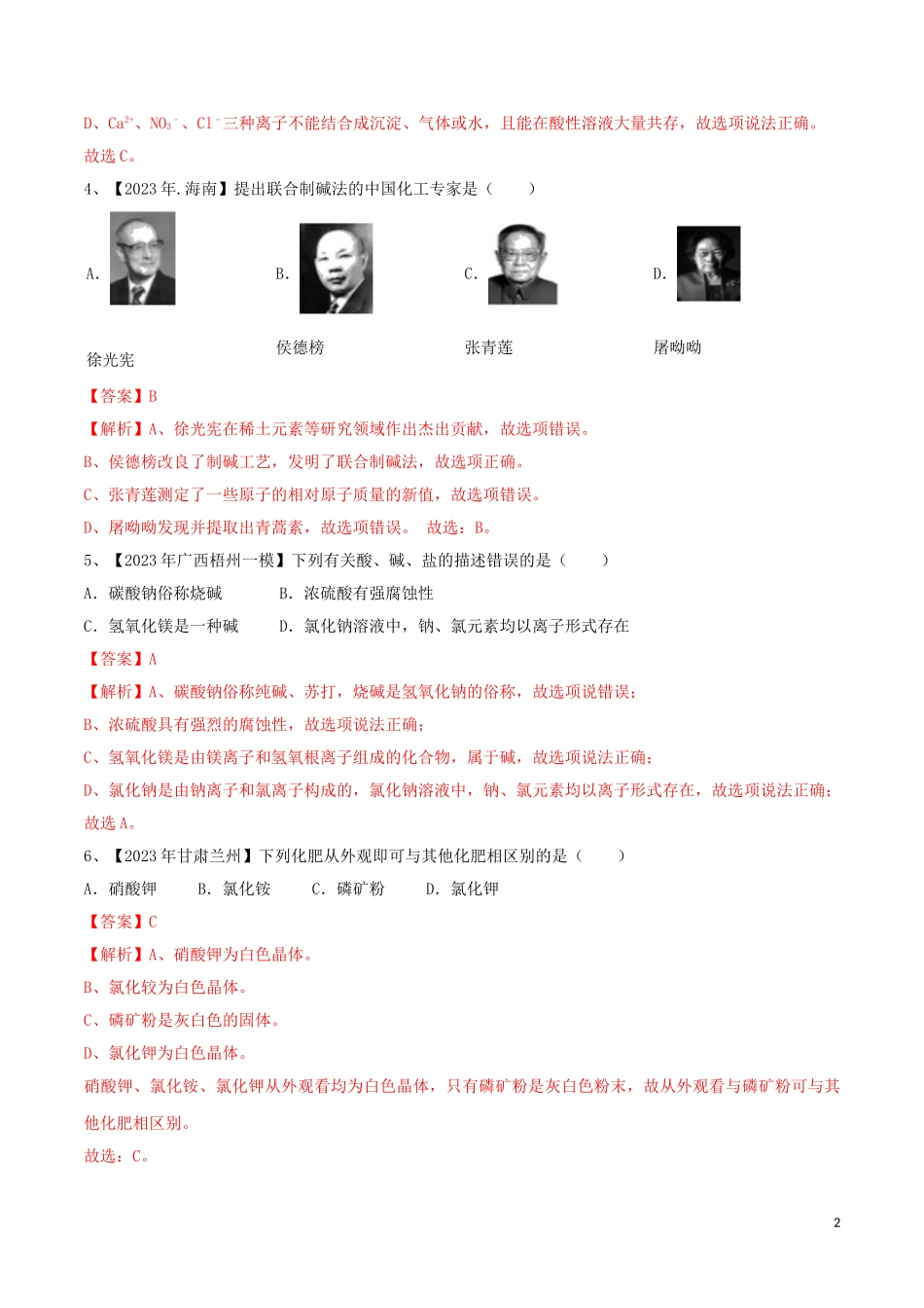 2023学年中考化学一轮复习讲练测专题十盐和化肥测试含解析（人教版）.doc_第2页