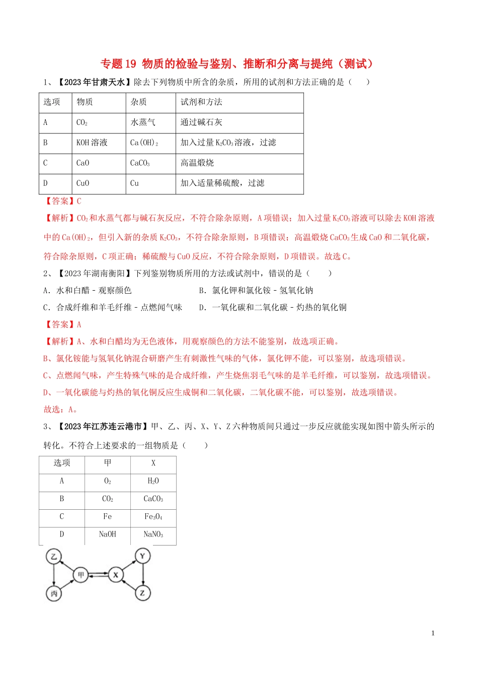 2023学年中考化学一轮复习讲练测专题十九物质的检验与鉴别推断和分离与提纯测试含解析（人教版）.doc_第1页