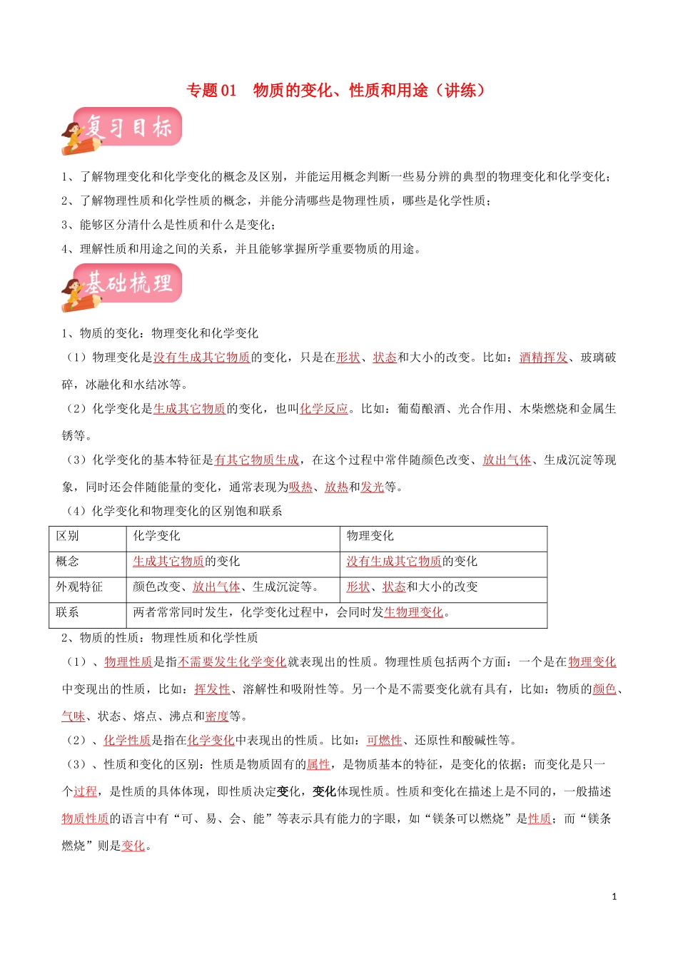 2023学年中考化学一轮复习讲练测专题一物质的变化性质和用途讲练含解析（人教版）.doc_第1页