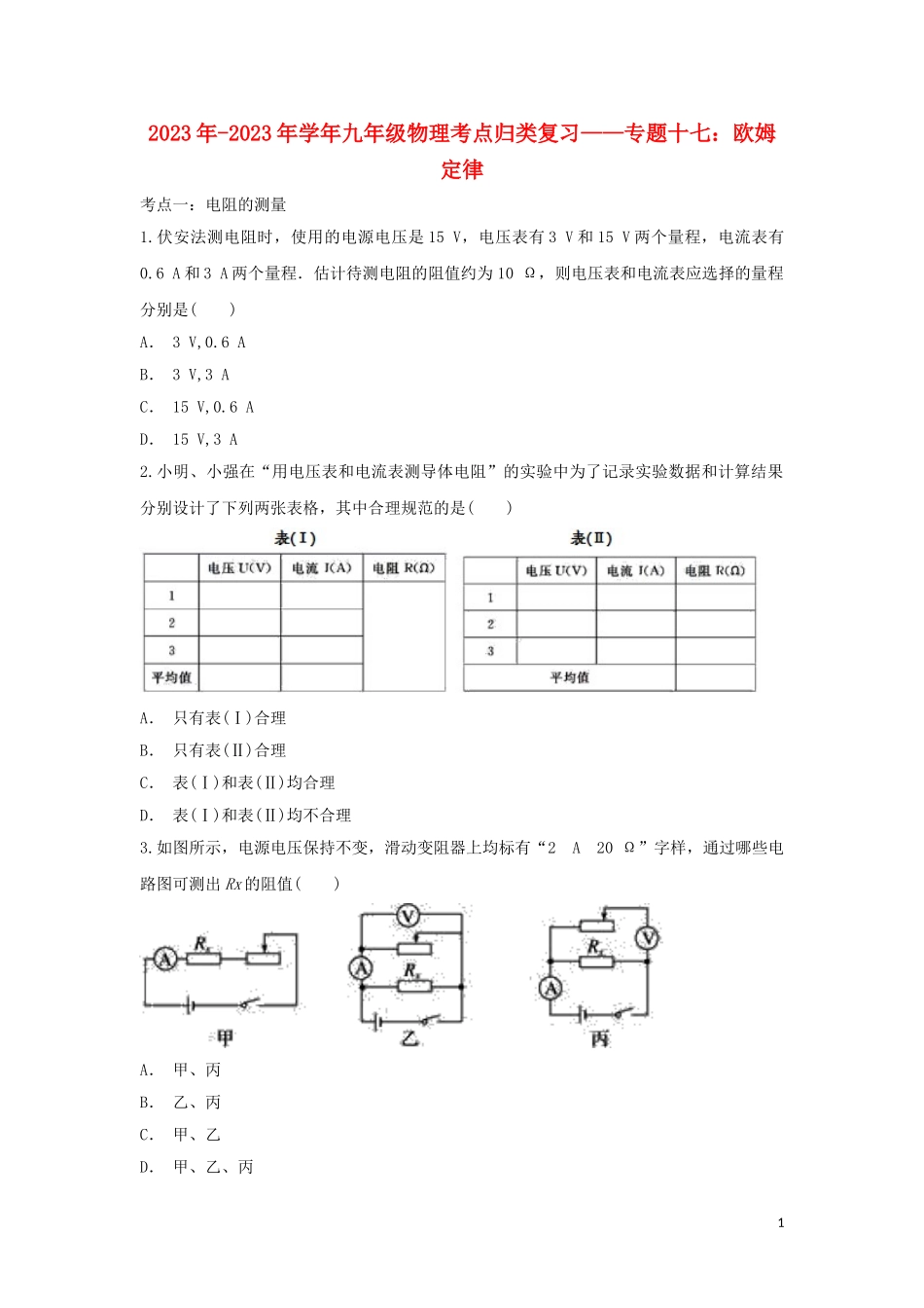 2023学年中考物理考点归类复习专题十七欧姆定律练习含解析.doc_第1页
