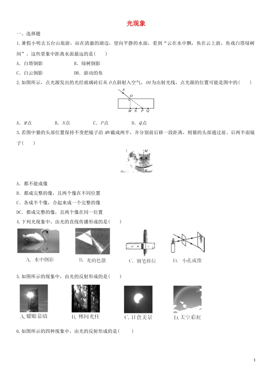 2023学年中考物理知识点强化练习卷二光现象含解析新版（人教版）.doc_第1页