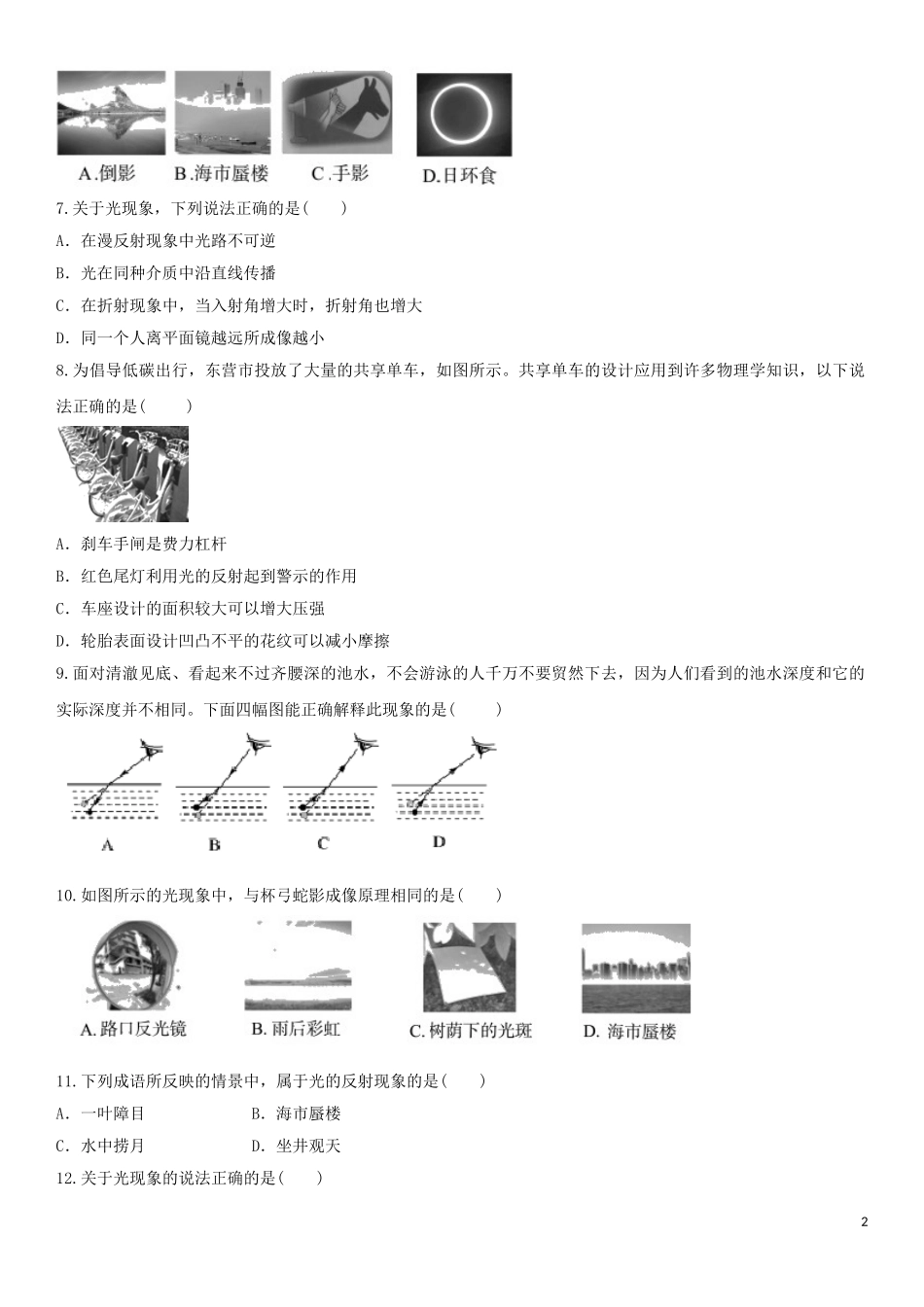 2023学年中考物理知识点强化练习卷二光现象含解析新版（人教版）.doc_第2页