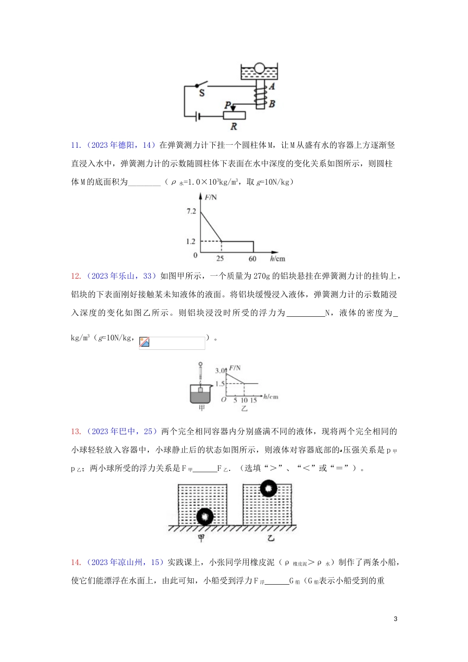 2023学年中考物理真题集锦五专题五十浮力试题.doc_第3页