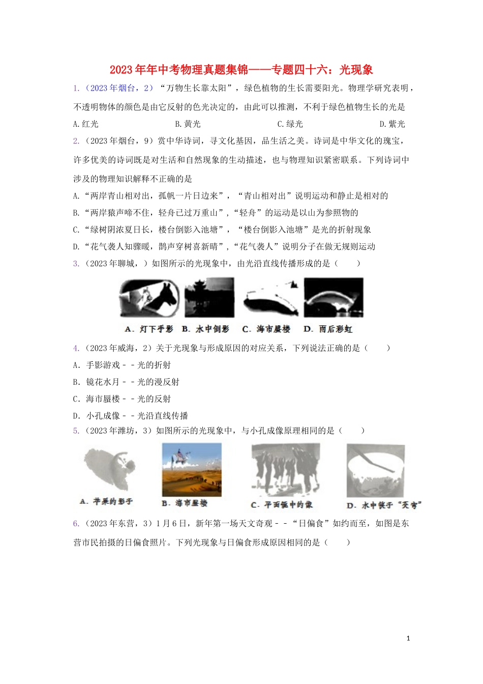 2023学年中考物理真题集锦五专题四十六光现象试题.doc_第1页