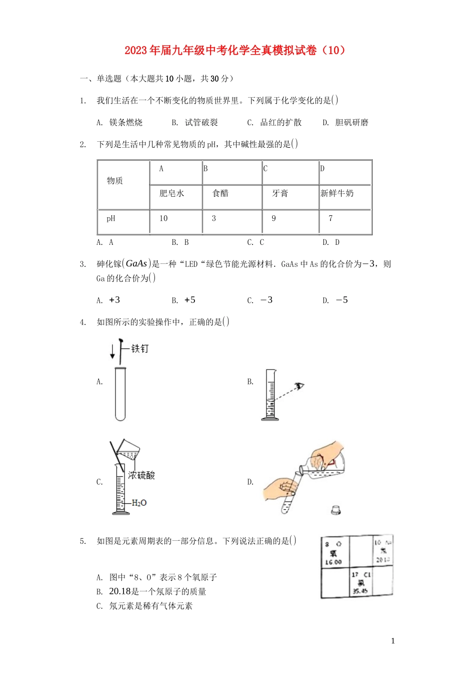 2023学年九年级化学全真模拟试卷10含解析.docx_第1页