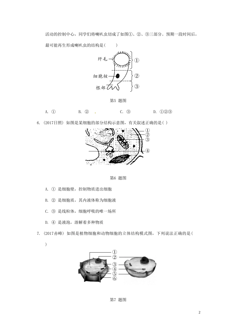 2023学年中考生物重难点突破动植物细胞和微生物的结构练习含解析.doc_第2页