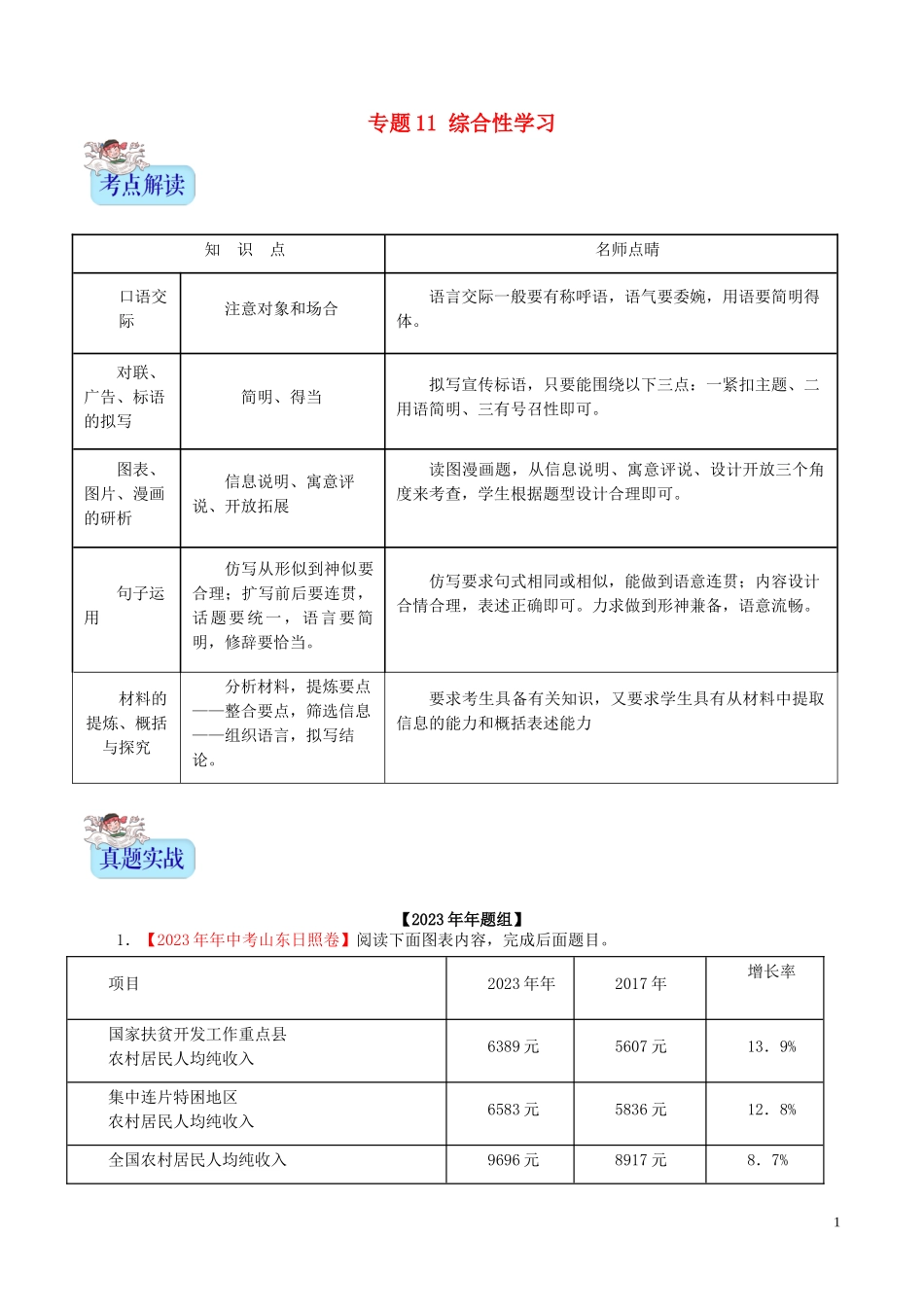 2023学年中考语文专题11综合性学习含解析.doc_第1页