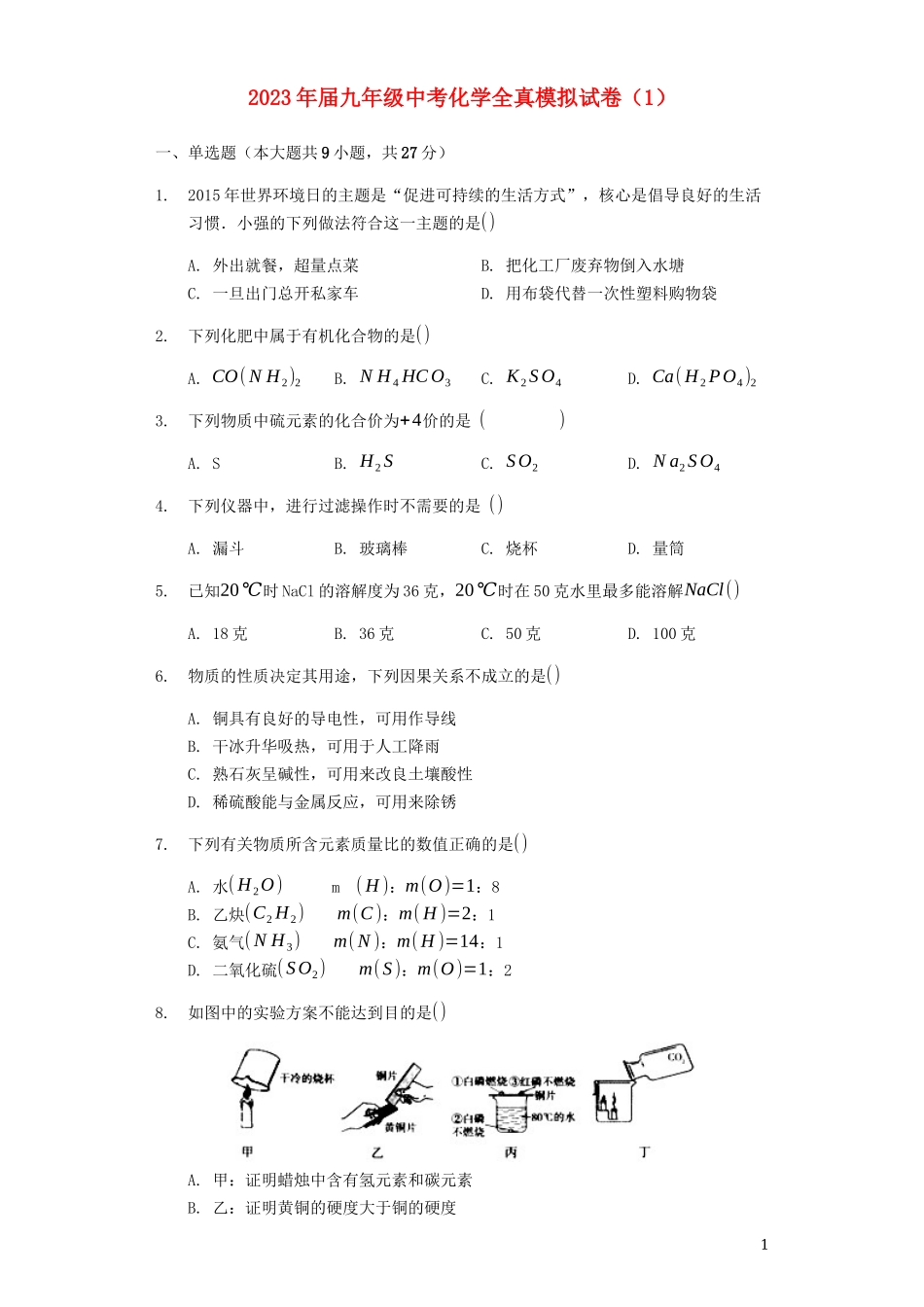 2023学年九年级化学全真模拟试卷1含解析.docx_第1页