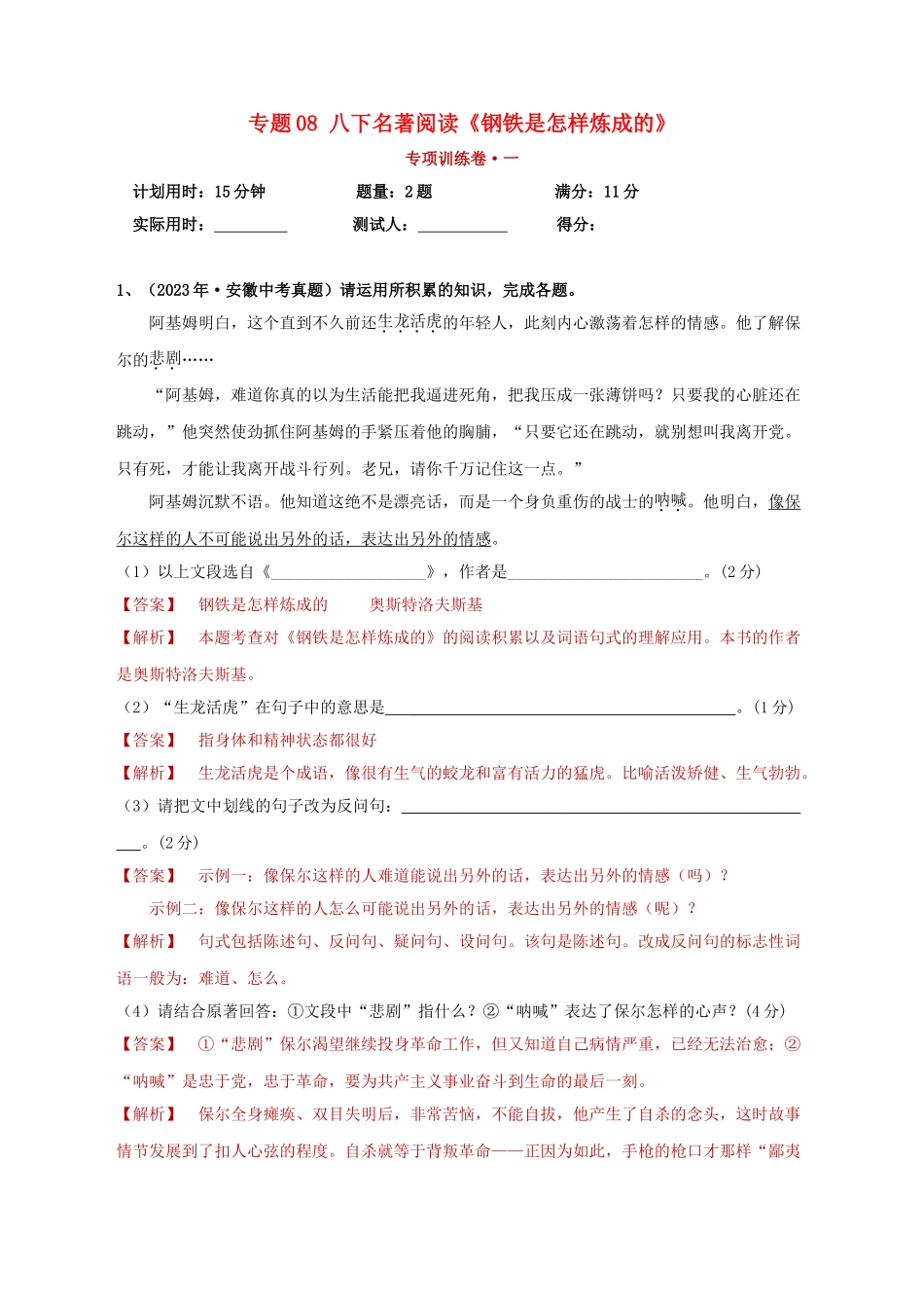 2023学年中考语文必读名著突破专题08八下名著阅读钢铁是怎样炼成的专项训练卷含解析（人教版）.doc_第1页